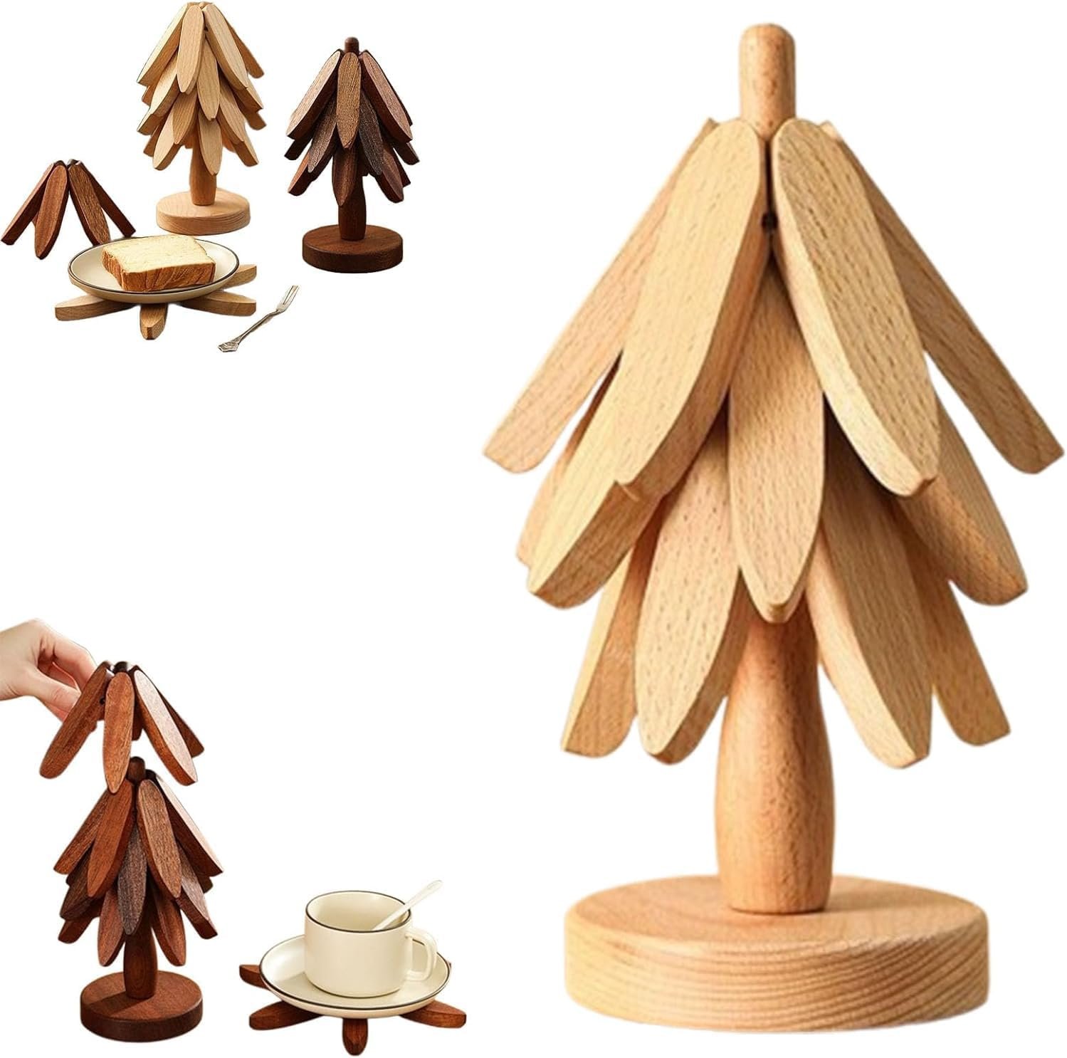 71ByXPsG+cL._AC_SL1500_ Fold-able Tree-Shape Kitchen Trivet Set – 3-Piece Heat-Resistant Pot & Dish Holders in Dark Brown, Novelty Storage Design - Image 1