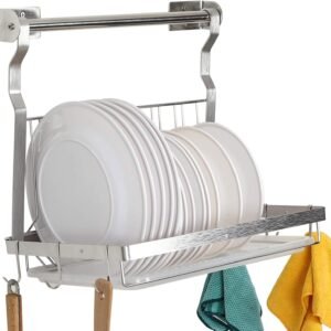 Stainless Steel Dish Drying Rack with Drainboard & Hanging Rod – Over-Sink Organizer with Sponge Holder (Silver)
