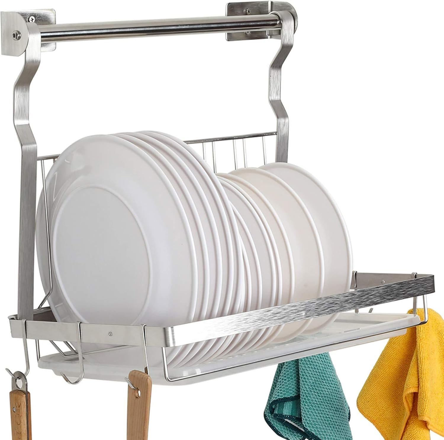 71Cxr7AovBL._AC_SL1500_ Stainless Steel Dish Drying Rack with Drainboard & Hanging Rod – Over-Sink Organizer with Sponge Holder (Silver) - Image 1