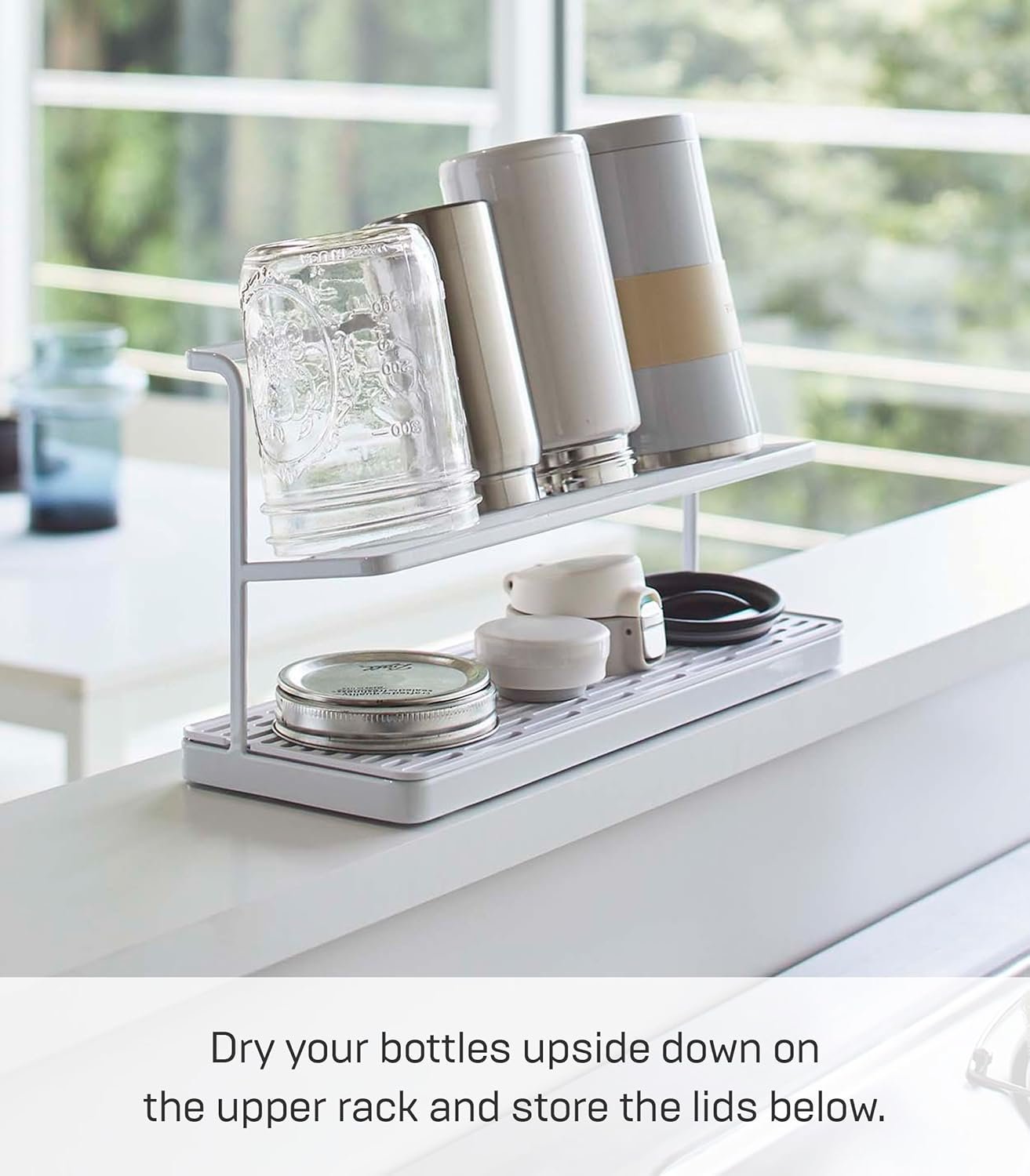 71DVqLtSjRL._AC_SL1500_ Two-Tier Countertop Bottle Drying Rack with Drain Tray – Wide Jug & Bottle Stand for Kitchen Counter, Steel Finish - Image 5