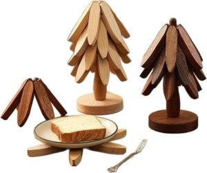 Fold-able Tree-Shape Kitchen Trivet Set – 3-Piece Heat-Resistant Pot & Dish Holders in Dark Brown, Novelty Storage Design - Image 2