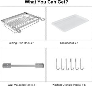 Stainless Steel Dish Drying Rack with Drainboard & Hanging Rod – Over-Sink Organizer with Sponge Holder (Silver) - Image 3