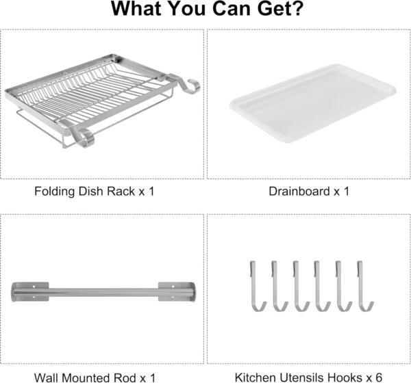 Stainless Steel Dish Drying Rack with Drainboard & Hanging Rod – Over-Sink Organizer with Sponge Holder (Silver) - Image 3