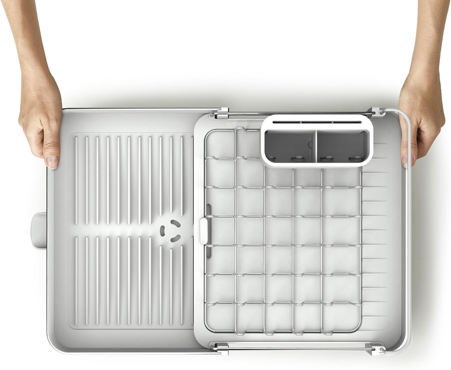 71On8ORjoeL._AC_SL1500_ Stainless Steel Expandable Dish Drainer Rack – Adjustable Width Drying Tray with Movable Cutlery Holder & Draining Spout - Image 5