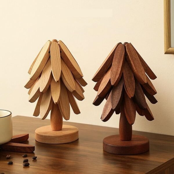 Fold-able Tree-Shape Kitchen Trivet Set – 3-Piece Heat-Resistant Pot & Dish Holders in Dark Brown, Novelty Storage Design - Image 3