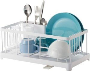 Compact Wire Dish Drainer Rack with Self-Draining Spout – White Steel Finish