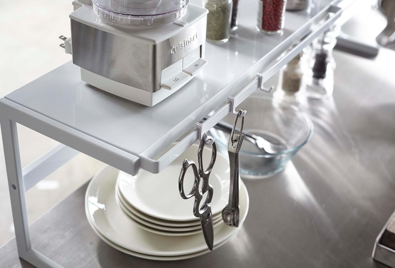 71aqJ0-QvLL._AC_SL1500_ Expandable Kitchen Counter Shelf Organizer – Adjustable Width Rack for Cabinets, Pantry & Countertops, Durable White Steel - Image 4