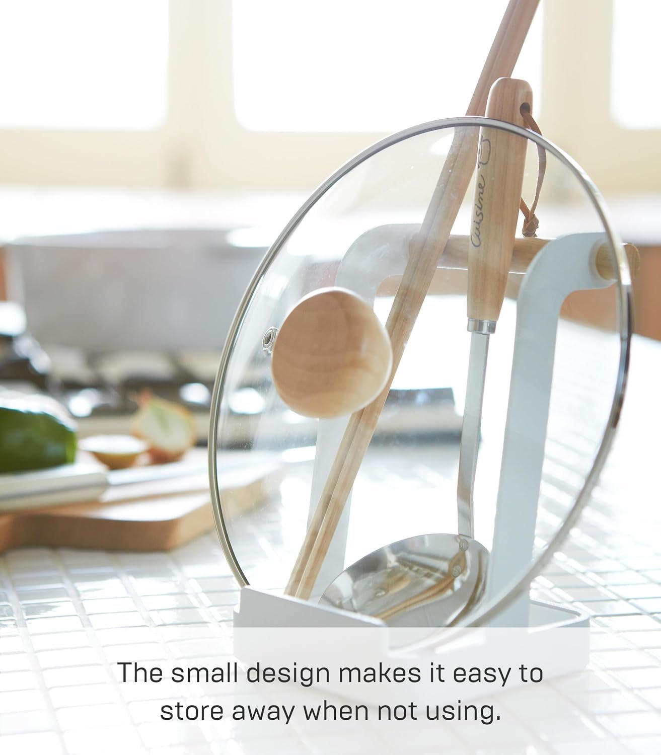 71dcLBAuexL._AC_SL1500_ Steel Ladle & Lid Rest Stand – Kitchen Utensil Organizer with Drip Tray, White + Wood Accent - Image 5