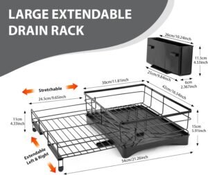 Stainless Steel Expandable Dish Drying Rack with Drainboard & Cutlery Holder – Black Finish - Image 2