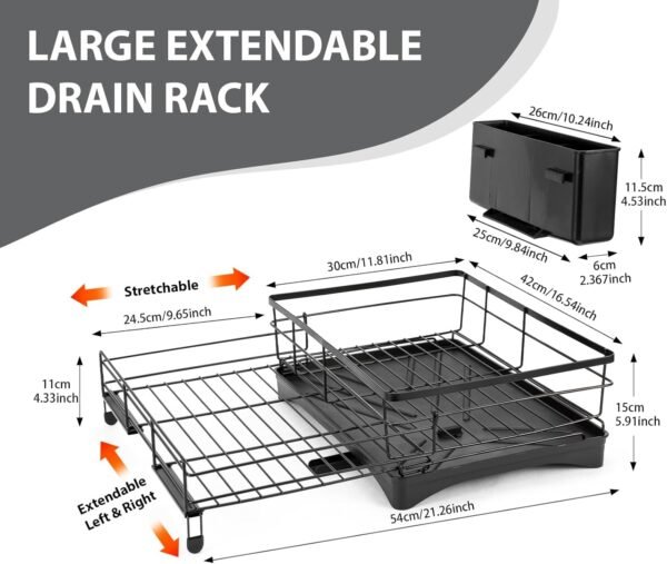 Stainless Steel Expandable Dish Drying Rack with Drainboard & Cutlery Holder – Black Finish - Image 2