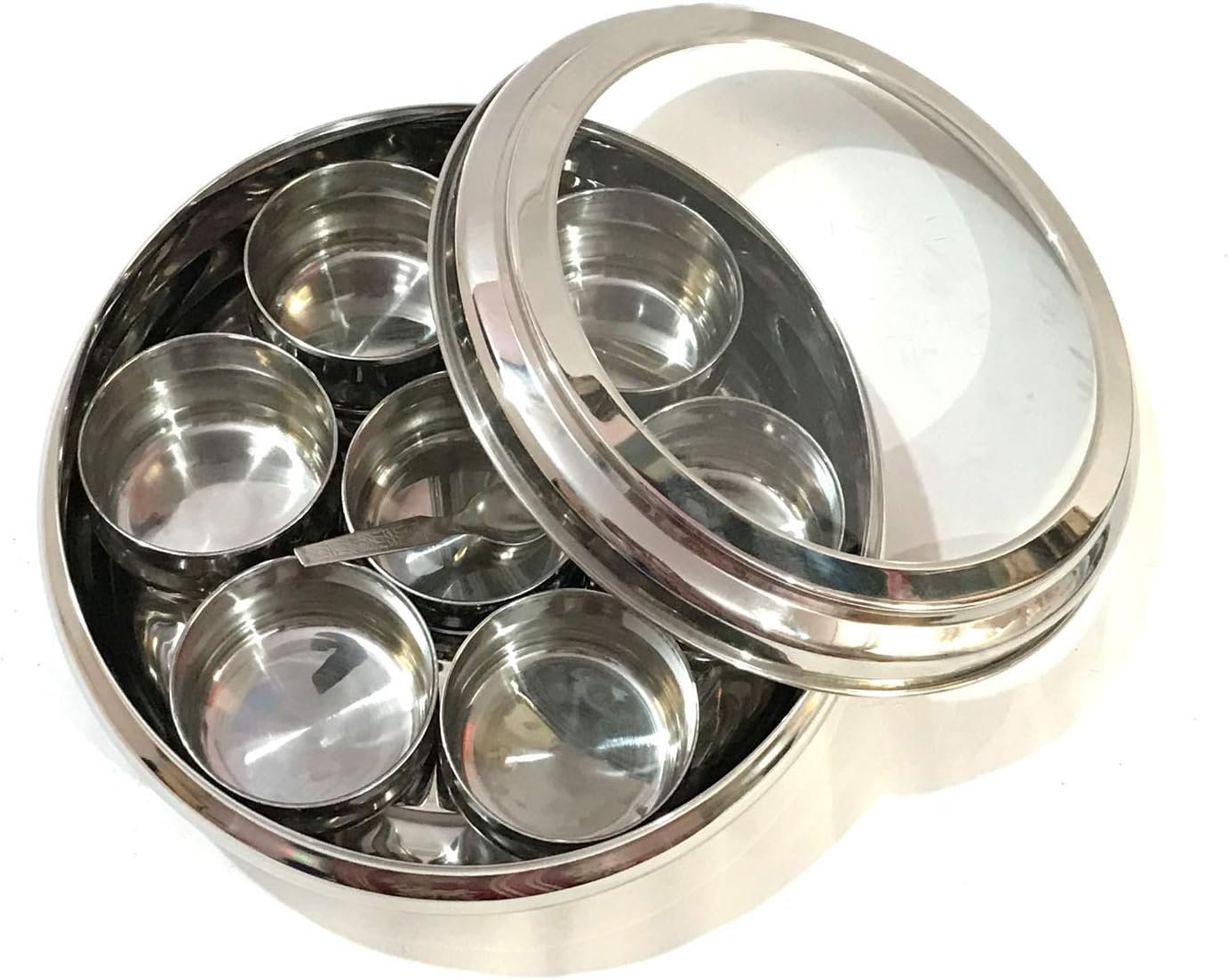 71ifxzLSzRL._AC_SL1500_ Clear Lid Stainless Steel Spice Storage Box – 7-Container Masala Dabba with Spoon, Kitchen Rack Organizer - Image 6