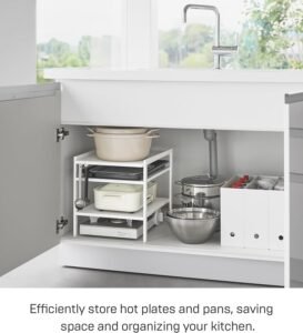 Height-Adjustable Under-Sink Storage Rack – 3-Tier White Steel Organizer with Hooks - Image 2