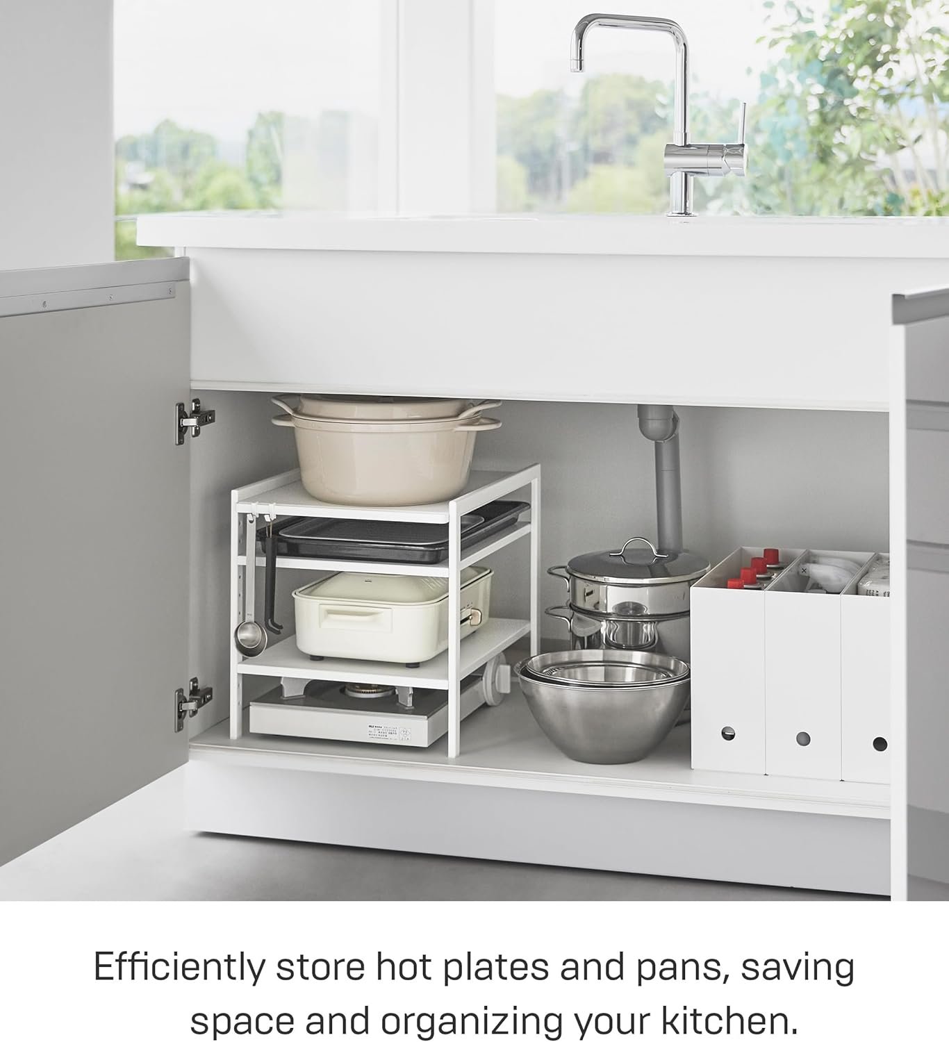 71j9Fnvli4L._AC_SL1500_ Height-Adjustable Under-Sink Storage Rack – 3-Tier White Steel Organizer with Hooks - Image 2