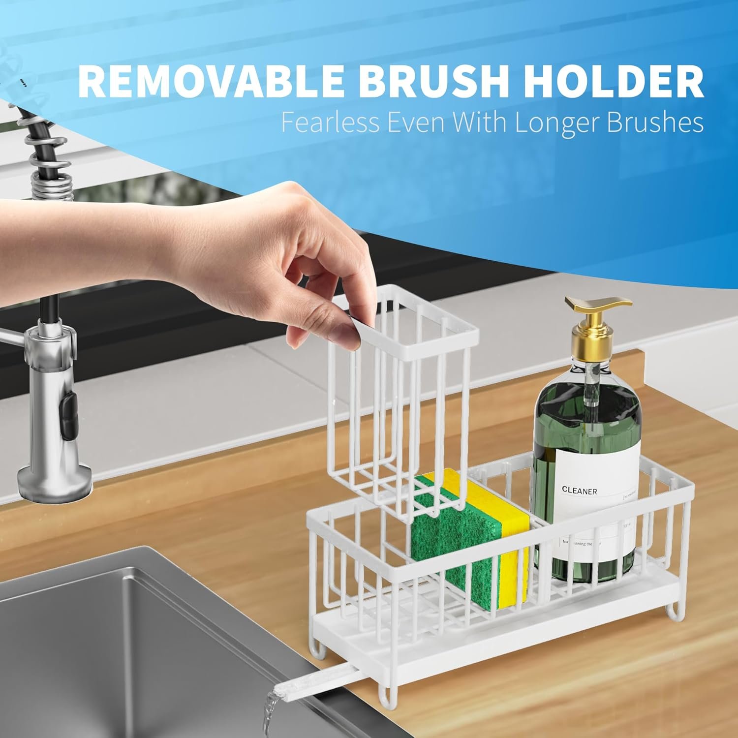 71jhDiHmbZL._AC_SL1500_ Stainless Steel Under-Sink Caddy with High Brush Holder & Soap Organizer – Rust-Resistant 304 Steel Sink Sponge Storage (White) - Image 2