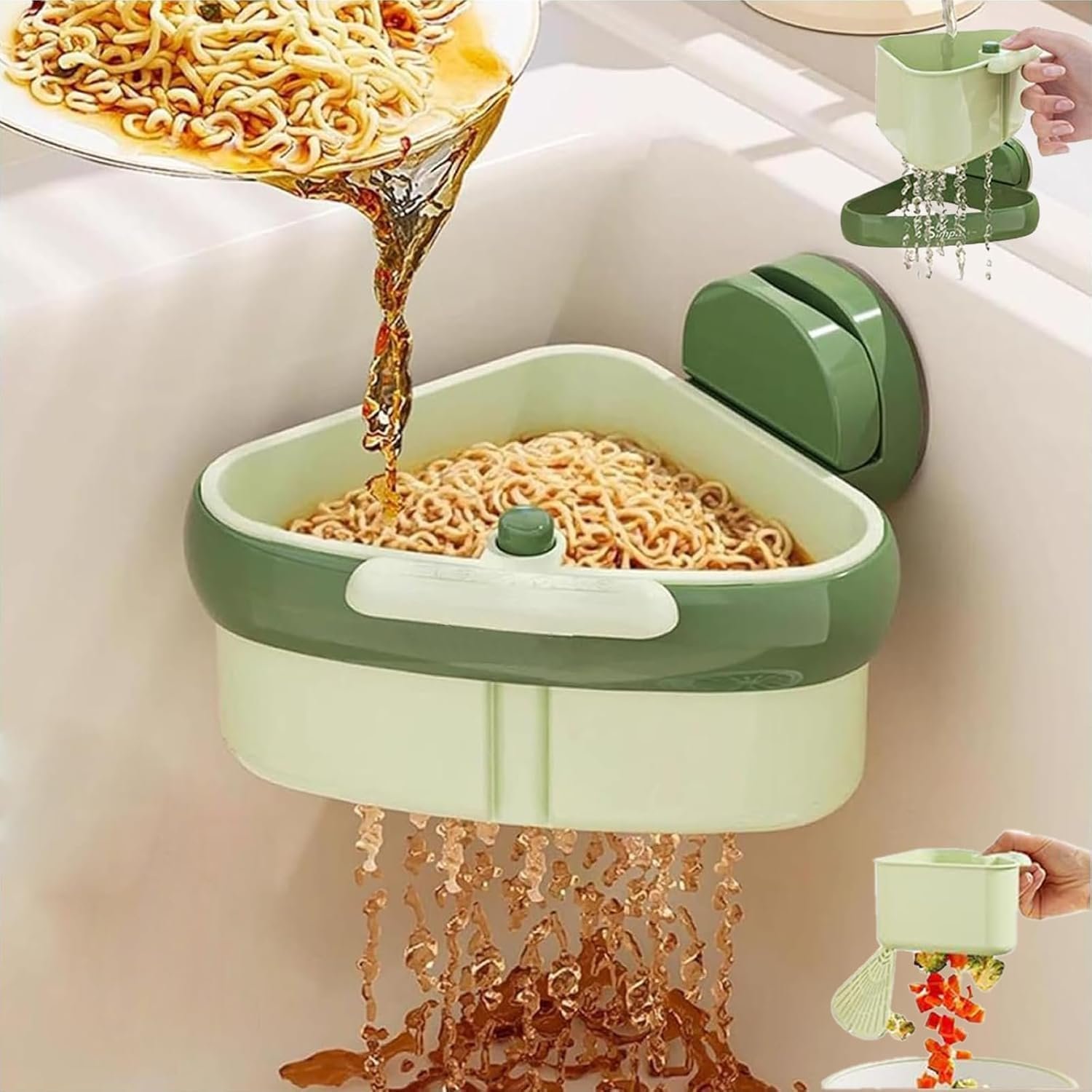 71l8wDZEnOL._AC_SL1500_ Corner Sink Suction Cup Rack – Triangular Drain Basket with Food-Waste Catcher, Press-Lock Installation, 2026 Upgraded Green Kitchen Organizer - Image 1