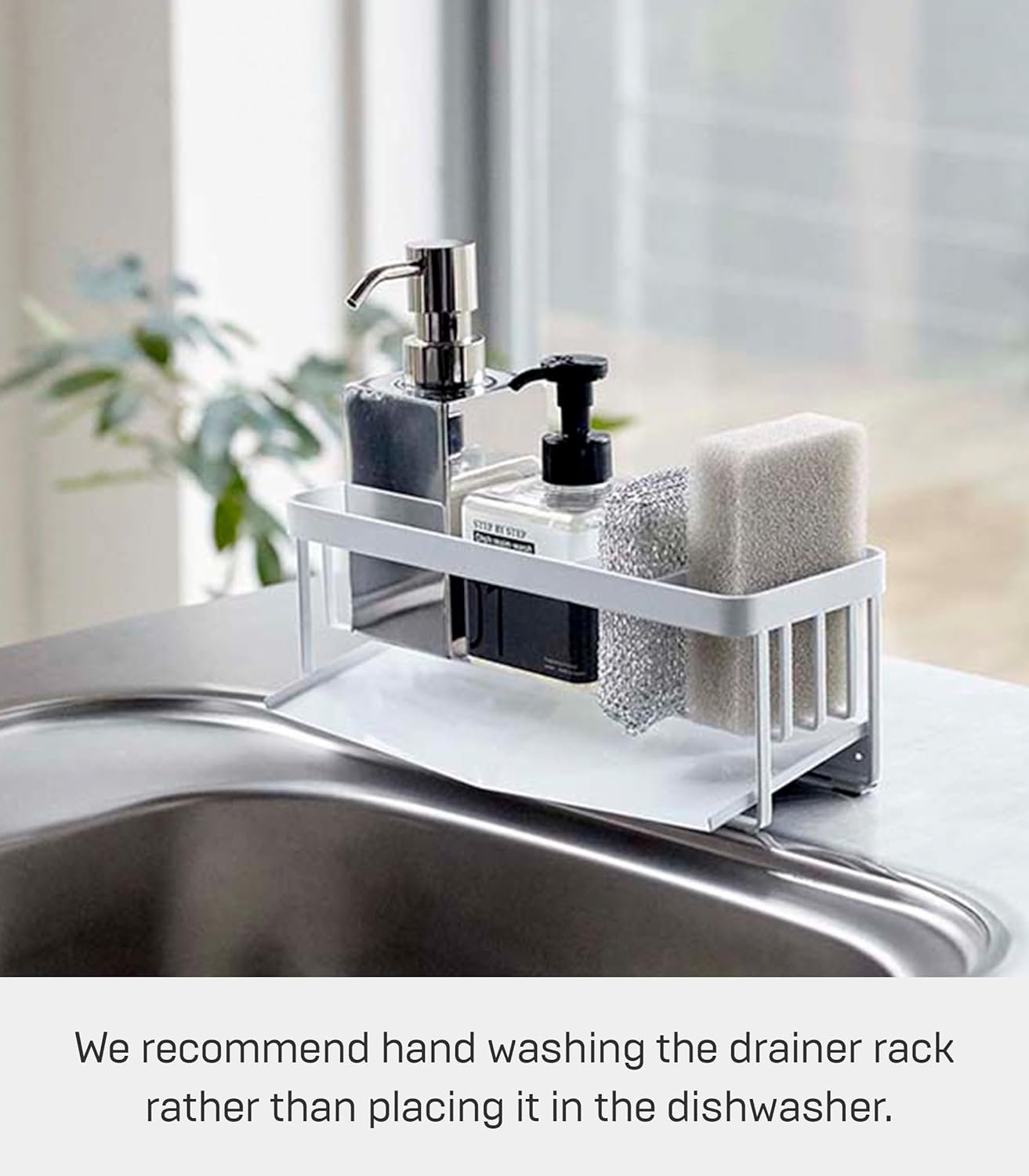 71mcGeMuWmL._AC_SL1500_ Self-Draining Sink Caddy Rack – Rust-Resistant Steel Sponge & Bottle Holder with Removable Tray - Image 4