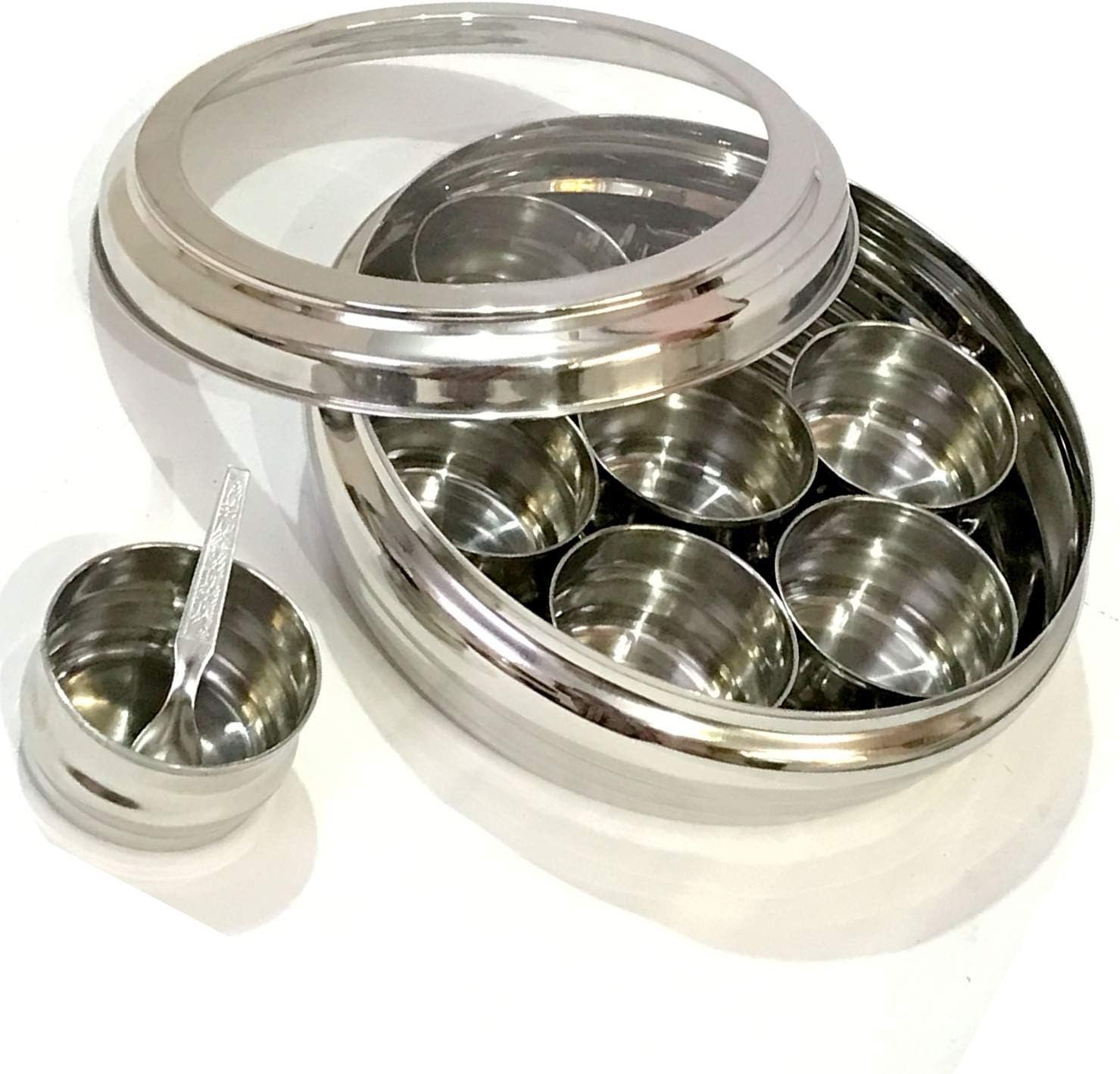 71osqAGC6SL._AC_SL1500_ Clear Lid Stainless Steel Spice Storage Box – 7-Container Masala Dabba with Spoon, Kitchen Rack Organizer - Image 7