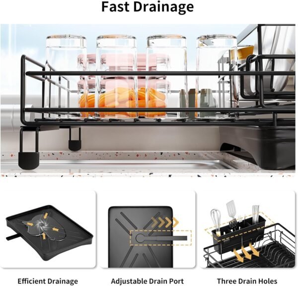 Stainless Steel Expandable Dish Drying Rack with Drainboard & Cutlery Holder – Black Finish - Image 3