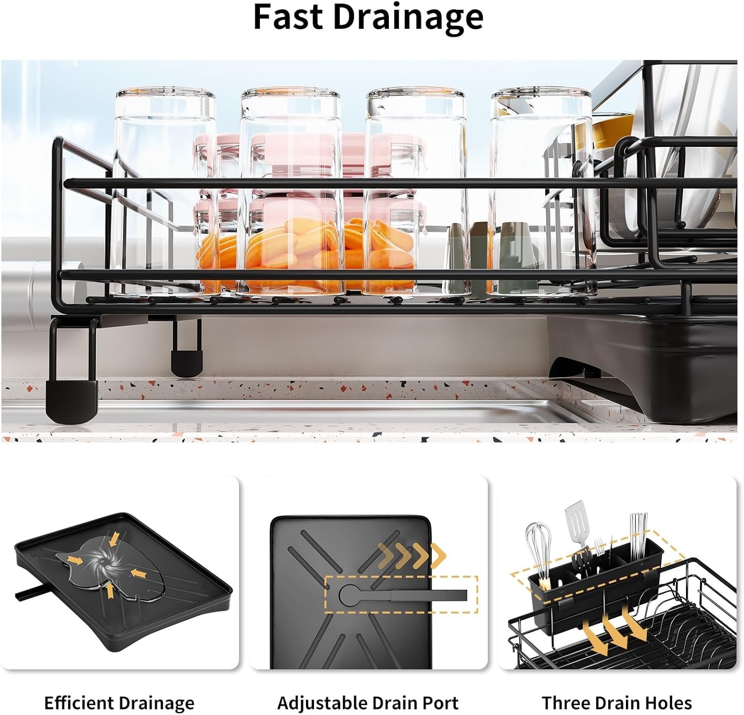 71pu+2ioXIL._AC_SL1500_ Stainless Steel Expandable Dish Drying Rack with Drainboard & Cutlery Holder – Black Finish - Image 3