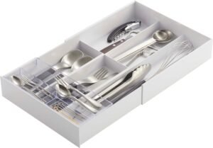 Adjustable Expandable Cutlery Drawer Tray with Sliding Divider – Fits Multiple Drawer Sizes, White