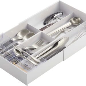 Adjustable Expandable Cutlery Drawer Tray with Sliding Divider – Fits Multiple Drawer Sizes, White