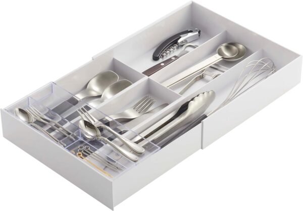 Adjustable Expandable Cutlery Drawer Tray with Sliding Divider – Fits Multiple Drawer Sizes, White - Image 1