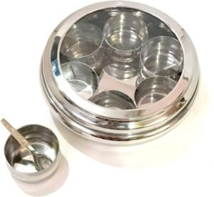 Clear Lid Stainless Steel Spice Storage Box – 7-Container Masala Dabba with Spoon, Kitchen Rack Organizer - Image 8