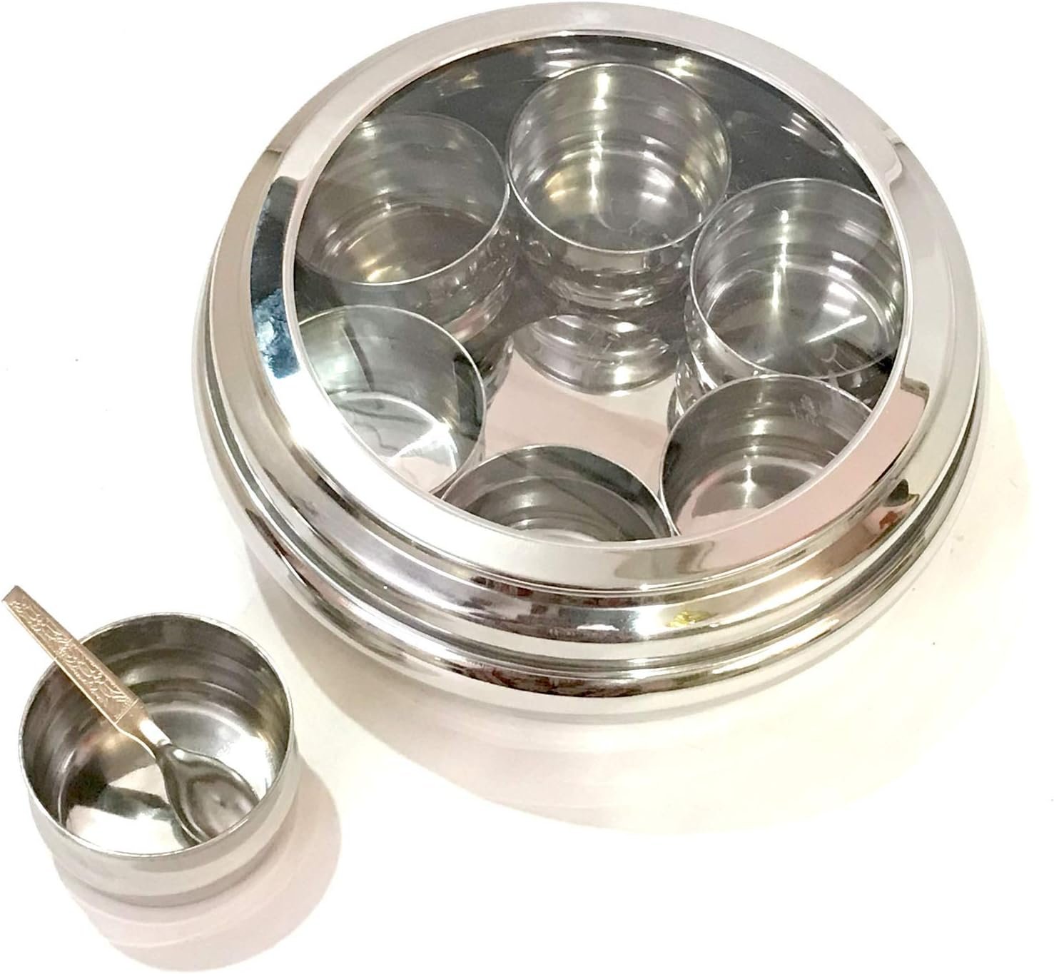71yF2F5BS5L._AC_SL1500_ Clear Lid Stainless Steel Spice Storage Box – 7-Container Masala Dabba with Spoon, Kitchen Rack Organizer - Image 8