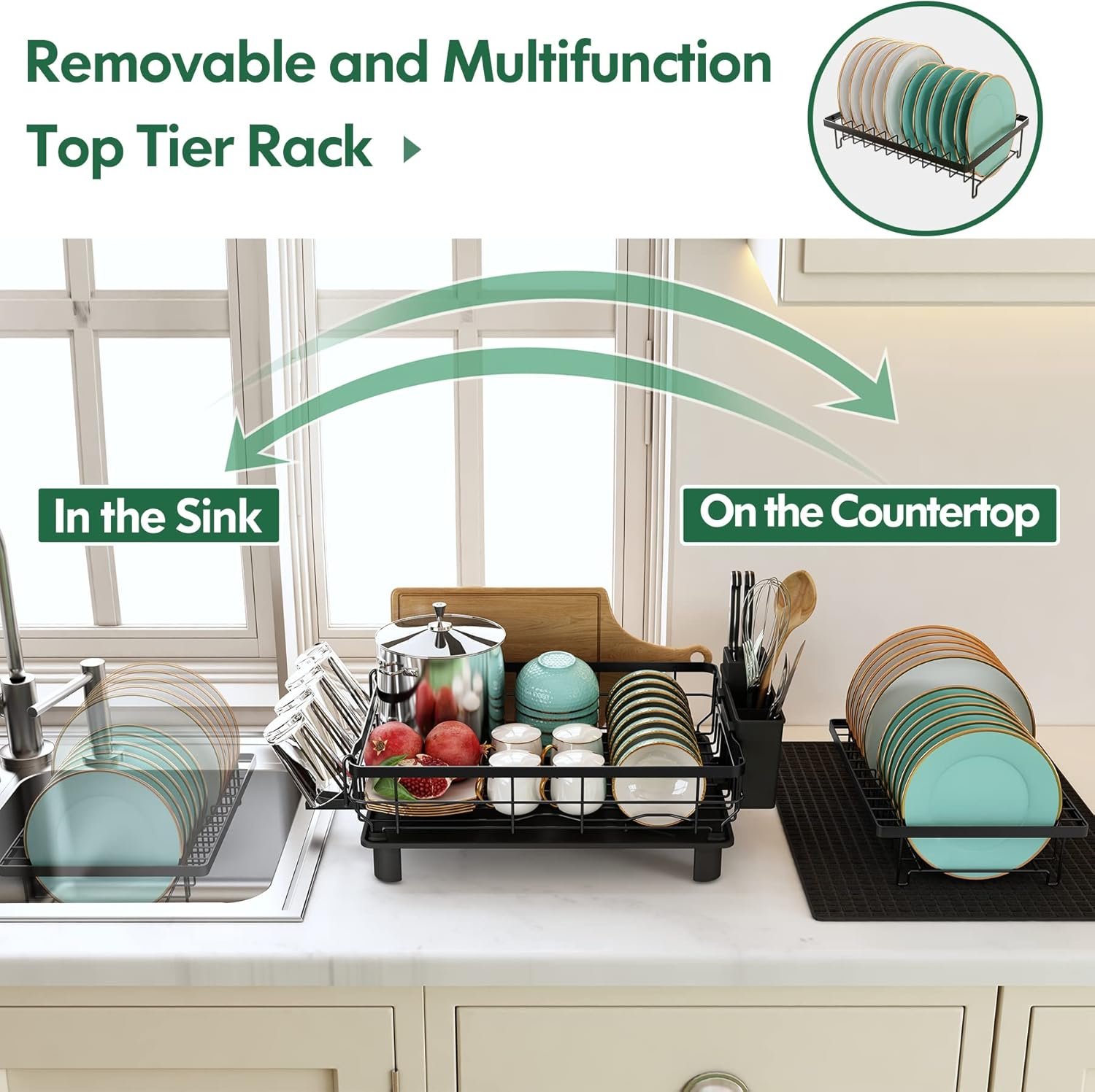 8125mEY62PL._AC_SL1500_ 2-Tier Dish Drying Rack with Drainboard & Utensil Holder – Large Capacity Kitchen Counter Drainer Set, Black - Image 7