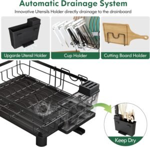 2-Tier Dish Drying Rack with Drainboard & Utensil Holder – Large Capacity Kitchen Counter Drainer Set, Black - Image 6