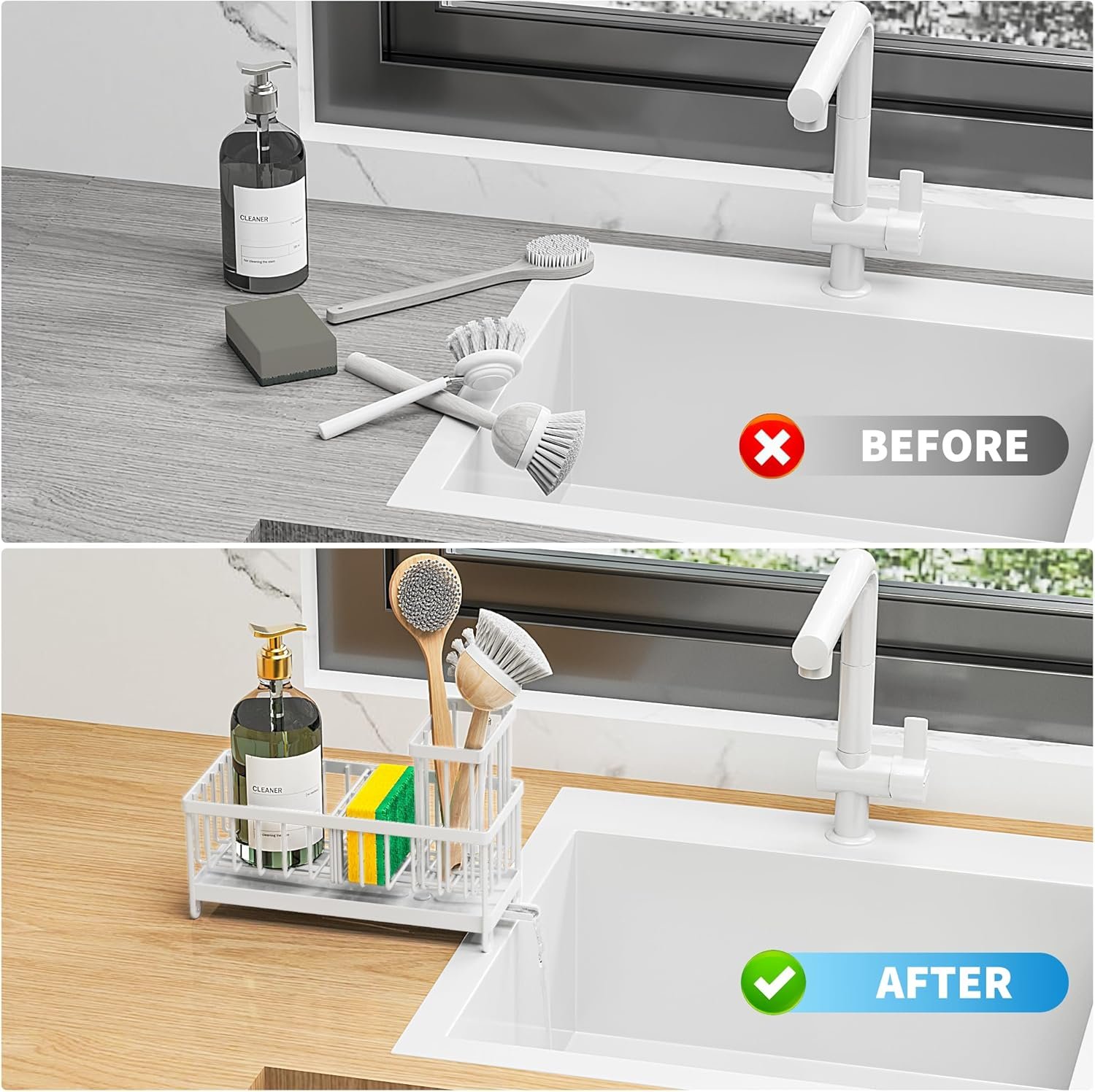 8183kcKfDWL._AC_SL1500_ Stainless Steel Under-Sink Caddy with High Brush Holder & Soap Organizer – Rust-Resistant 304 Steel Sink Sponge Storage (White) - Image 6