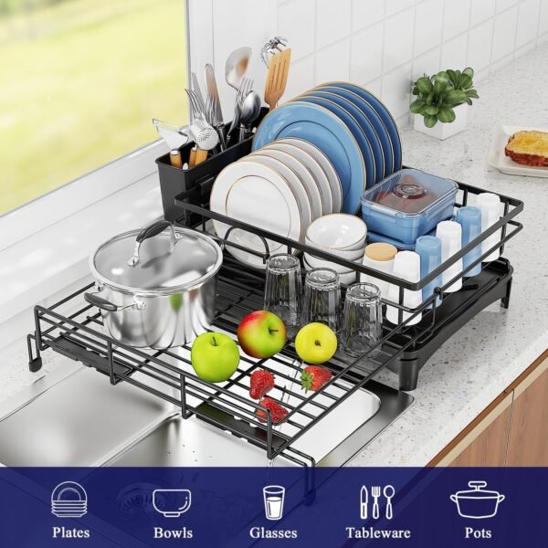 Stainless Steel Expandable Dish Drying Rack with Drainboard & Cutlery Holder – Black Finish - Image 7