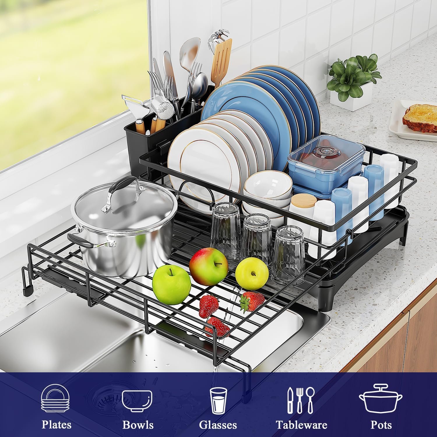8184S3iYGKL._AC_SL1500_ Stainless Steel Expandable Dish Drying Rack with Drainboard & Cutlery Holder – Black Finish - Image 7