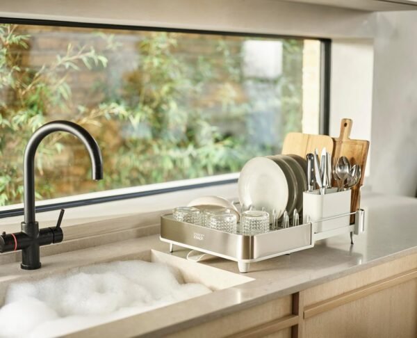 Stainless Steel Expandable Dish Drainer Rack – Adjustable Width Drying Tray with Movable Cutlery Holder & Draining Spout - Image 6
