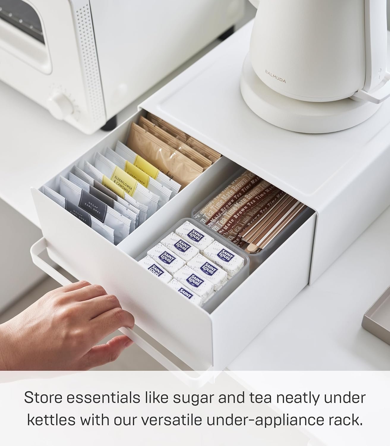 81F8aq3wEuL._AC_SL1500_ Under-Appliance Storage Rack with Drawers – Compact Counter Organizer in White Steel - Image 6