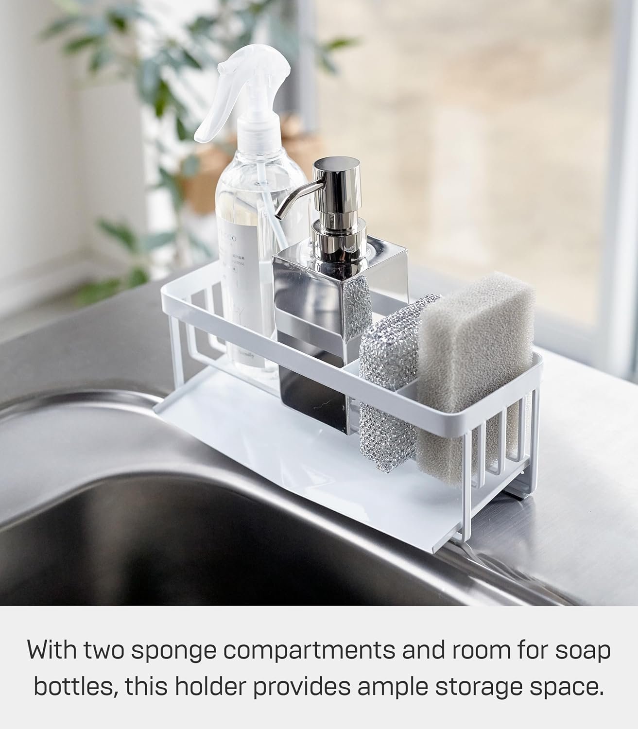 81+FoazkwrL._AC_SL1500_ Self-Draining Sink Caddy Rack – Rust-Resistant Steel Sponge & Bottle Holder with Removable Tray - Image 5