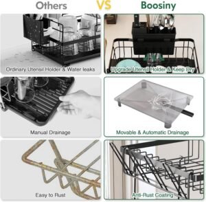 2-Tier Dish Drying Rack with Drainboard & Utensil Holder – Large Capacity Kitchen Counter Drainer Set, Black - Image 3