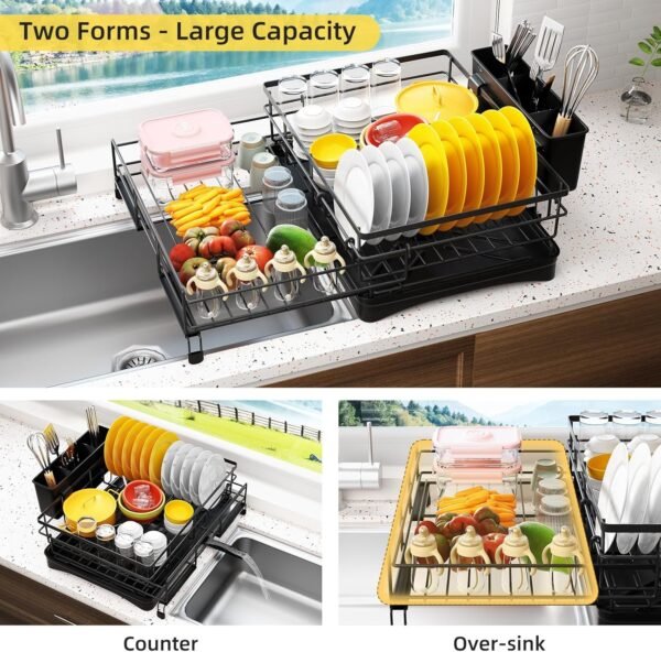 Stainless Steel Expandable Dish Drying Rack with Drainboard & Cutlery Holder – Black Finish - Image 6