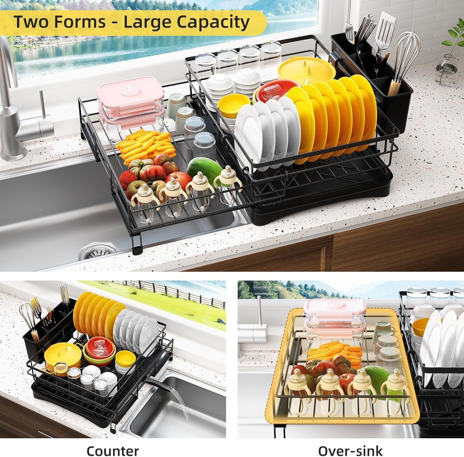 81O42oxVkzL._AC_SL1500_ Stainless Steel Expandable Dish Drying Rack with Drainboard & Cutlery Holder – Black Finish - Image 6