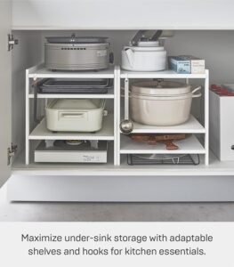 Height-Adjustable Under-Sink Storage Rack – 3-Tier White Steel Organizer with Hooks - Image 5