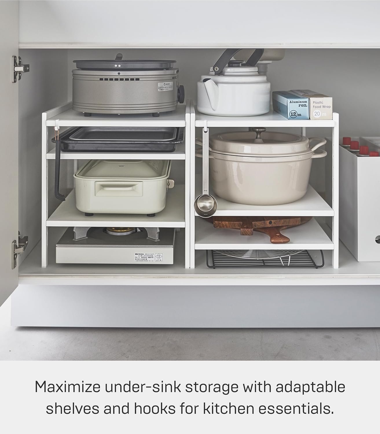 81OHpCfrm-L._AC_SL1500_ Height-Adjustable Under-Sink Storage Rack – 3-Tier White Steel Organizer with Hooks - Image 5