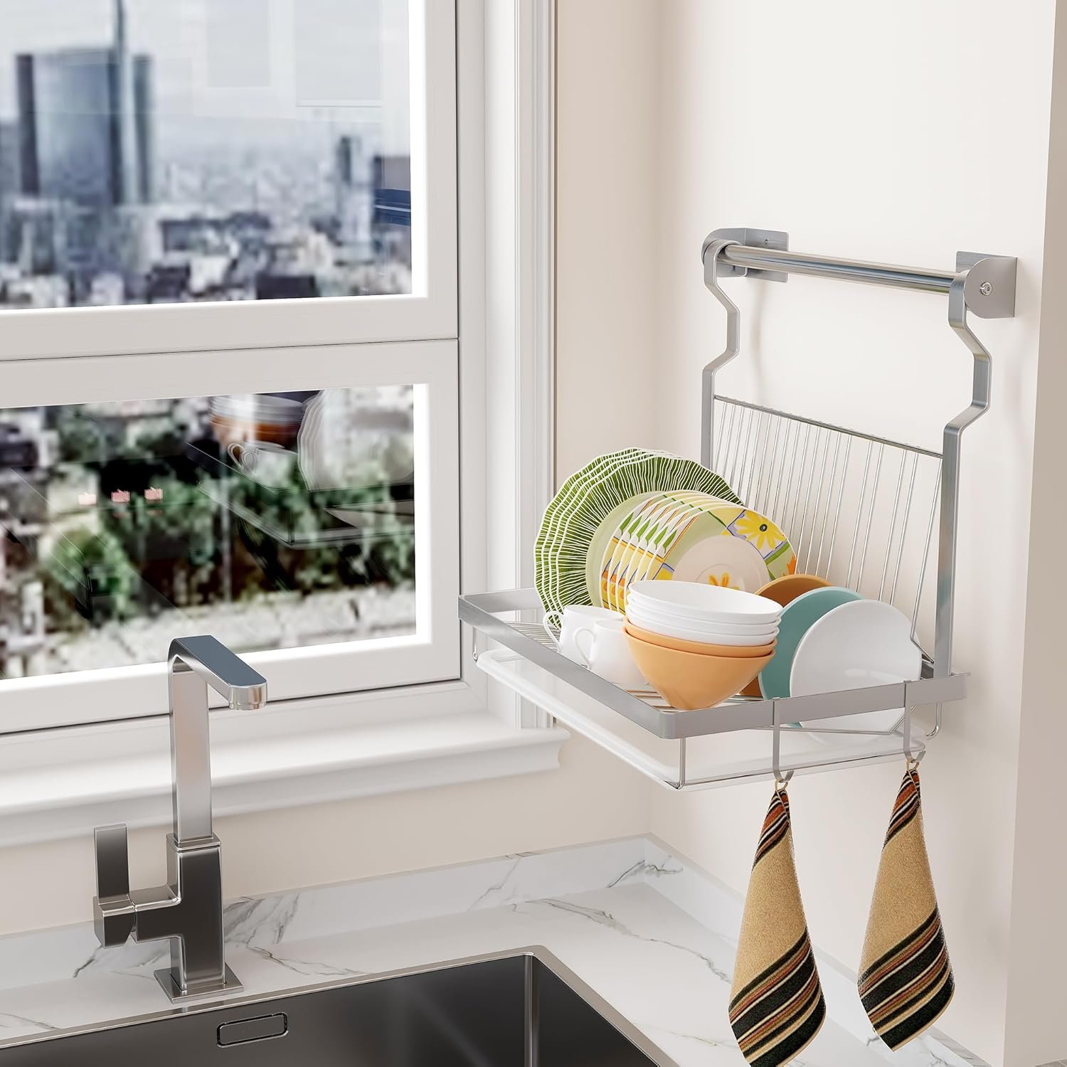 81OhUg6QR4L._AC_SL1500_ Stainless Steel Dish Drying Rack with Drainboard & Hanging Rod – Over-Sink Organizer with Sponge Holder (Silver) - Image 7