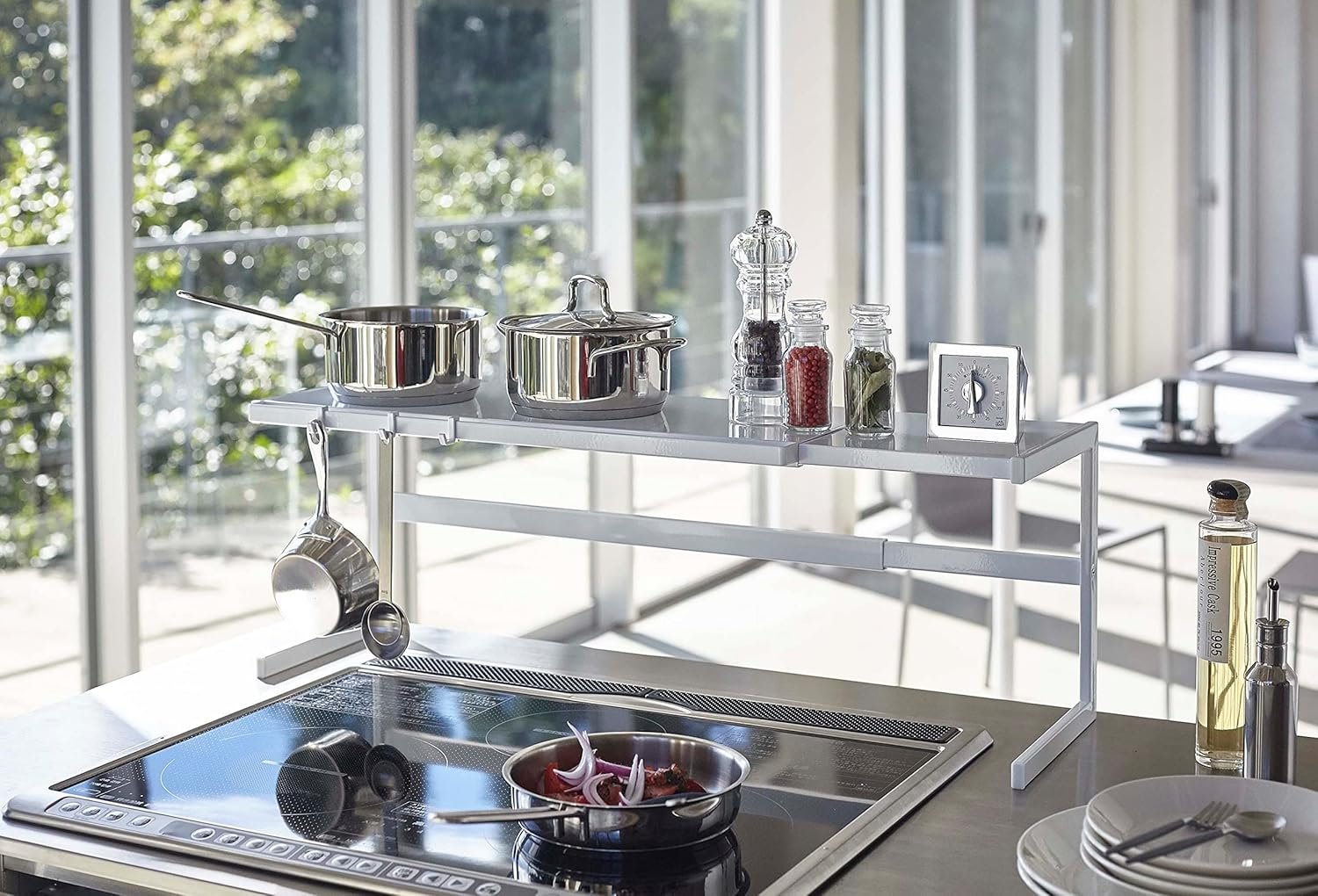 81RA6Wjiu+L._AC_SL1500_ Expandable Kitchen Counter Shelf Organizer – Adjustable Width Rack for Cabinets, Pantry & Countertops, Durable White Steel - Image 7