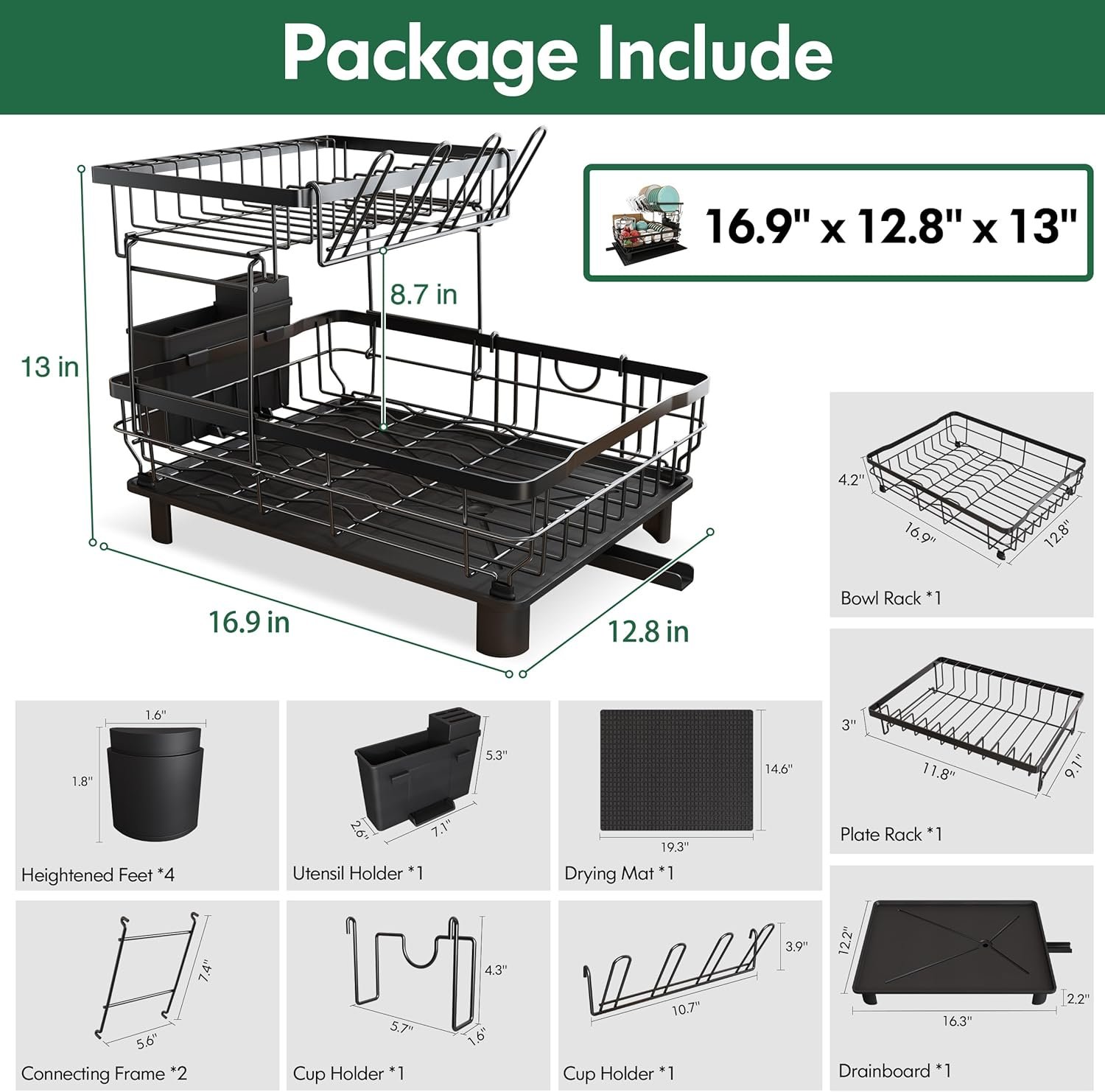 81UbJtHXSqL._AC_SL1500_ 2-Tier Dish Drying Rack with Drainboard & Utensil Holder – Large Capacity Kitchen Counter Drainer Set, Black - Image 5