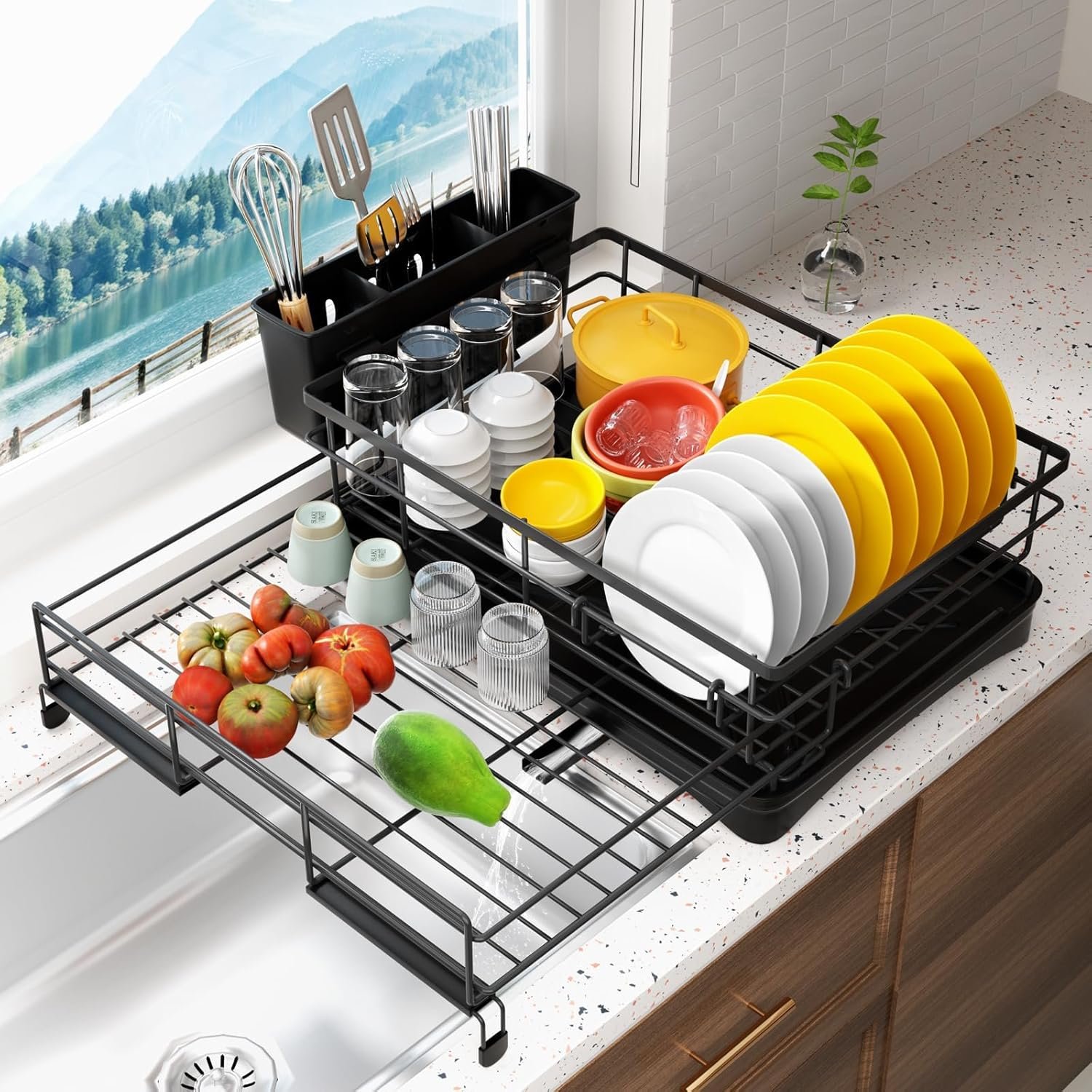 81Y+5n0wRmL._AC_SL1500_ Stainless Steel Expandable Dish Drying Rack with Drainboard & Cutlery Holder – Black Finish - Image 1