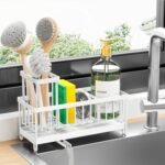 Stainless Steel Under-Sink Caddy with High Brush Holder & Soap Organizer – Rust-Resistant 304 Steel Sink Sponge Storage (White)