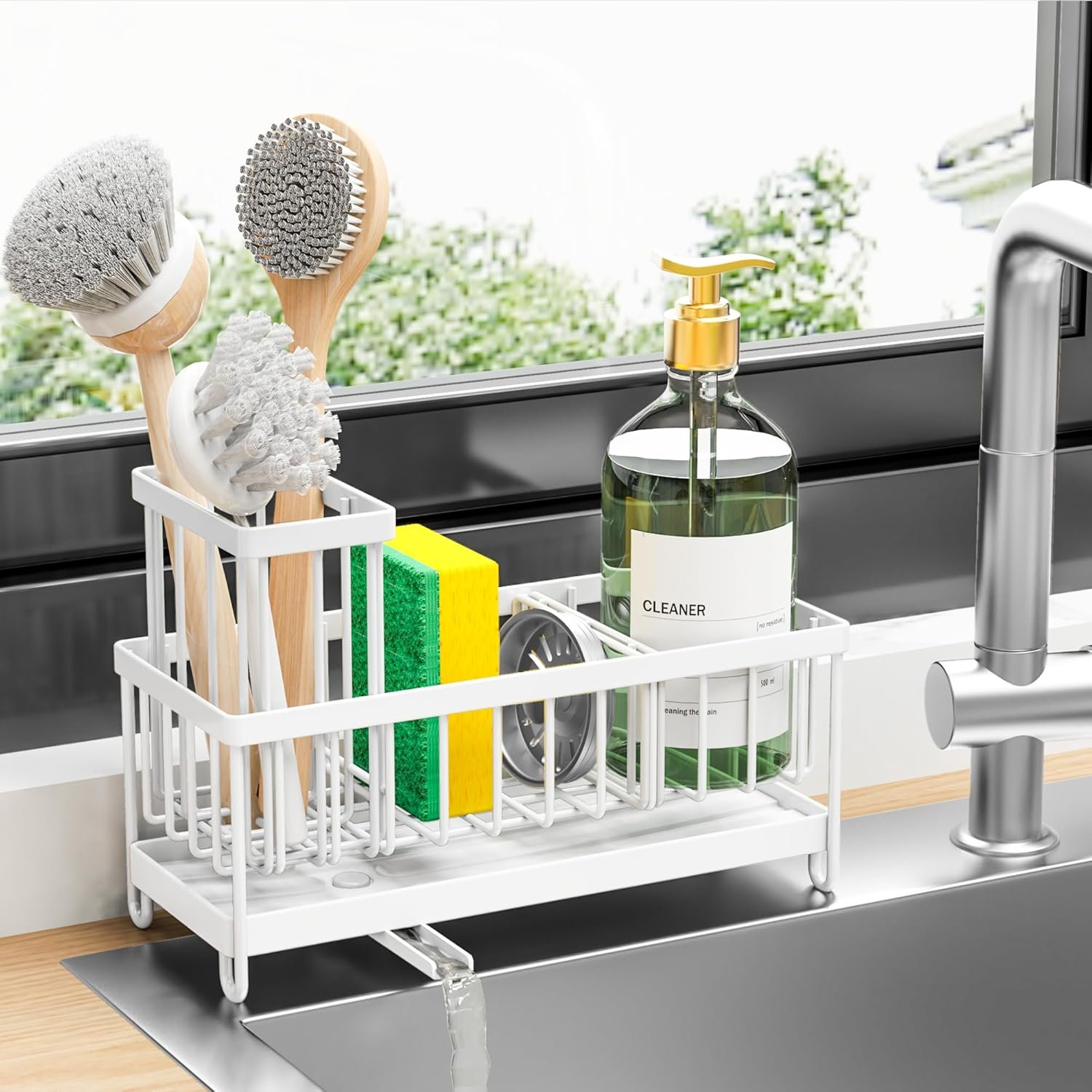81aXHydnS2L._AC_SL1500_ Stainless Steel Under-Sink Caddy with High Brush Holder & Soap Organizer – Rust-Resistant 304 Steel Sink Sponge Storage (White) - Image 1