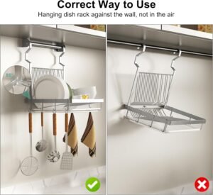 Stainless Steel Dish Drying Rack with Drainboard & Hanging Rod – Over-Sink Organizer with Sponge Holder (Silver) - Image 4