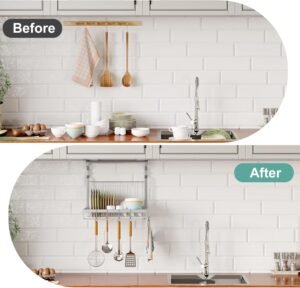 Stainless Steel Dish Drying Rack with Drainboard & Hanging Rod – Over-Sink Organizer with Sponge Holder (Silver) - Image 5