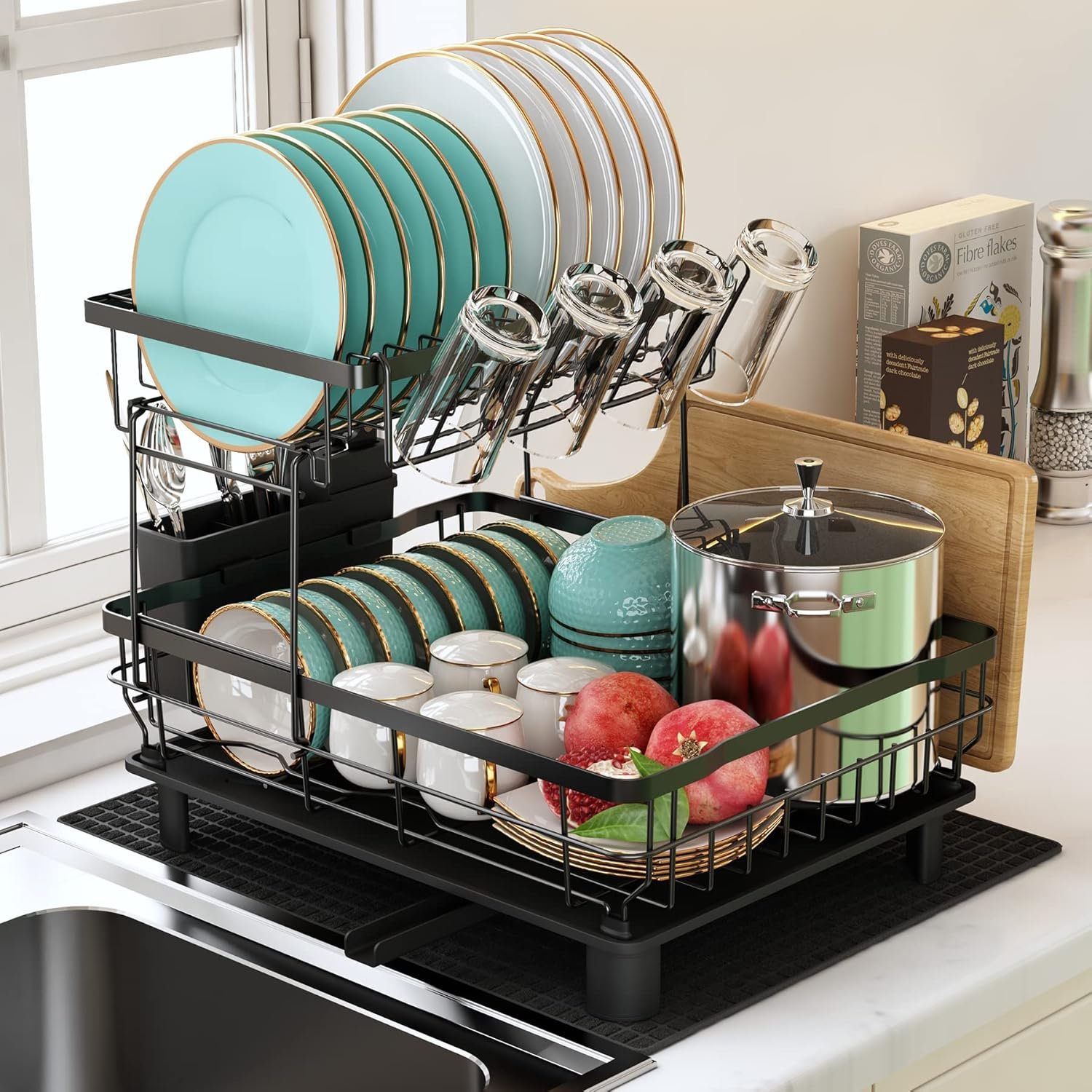 81kq60qf0yL._AC_SL1500_ 2-Tier Dish Drying Rack with Drainboard & Utensil Holder – Large Capacity Kitchen Counter Drainer Set, Black - Image 4